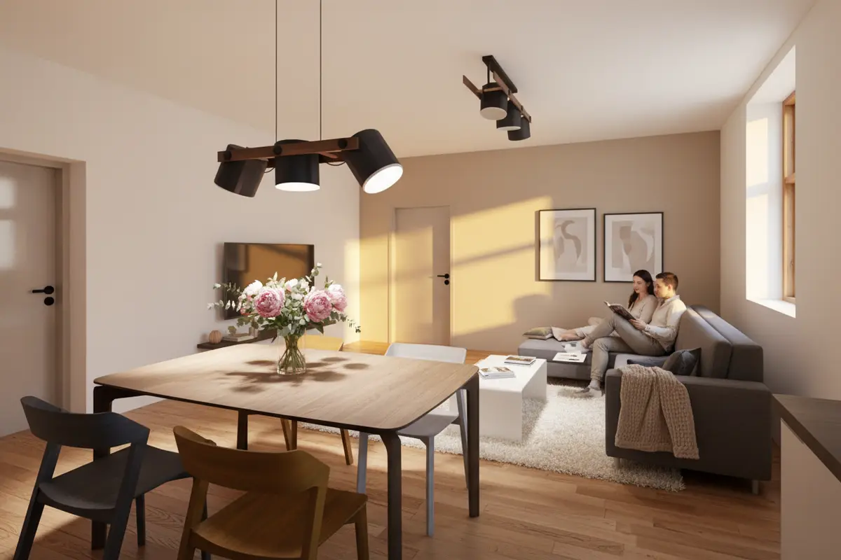 Architektonická vizualizace interiéru Byt P.01 · Dub po rekonstrukci
