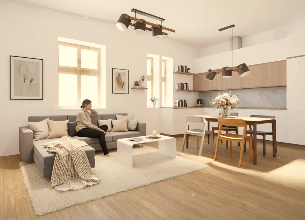 Architektonická vizualizace interiéru Byt P.01 · Dub po rekonstrukci