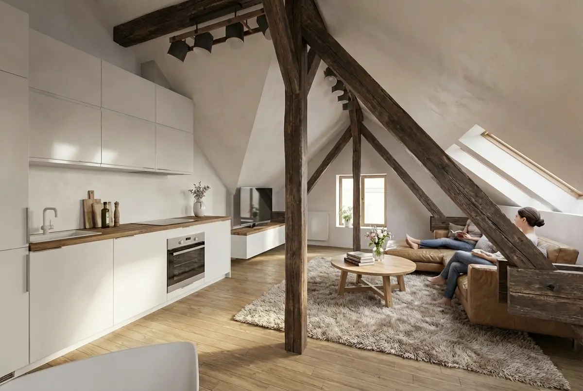 Architektonická vizualizace interiéru Byt 2.01 · Jasan po rekonstrukci